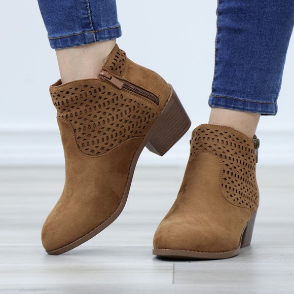 Tan Round Toe Low Heel Ankle Boots Faux Suede Lacer Cut Design - Picture 10 of 12